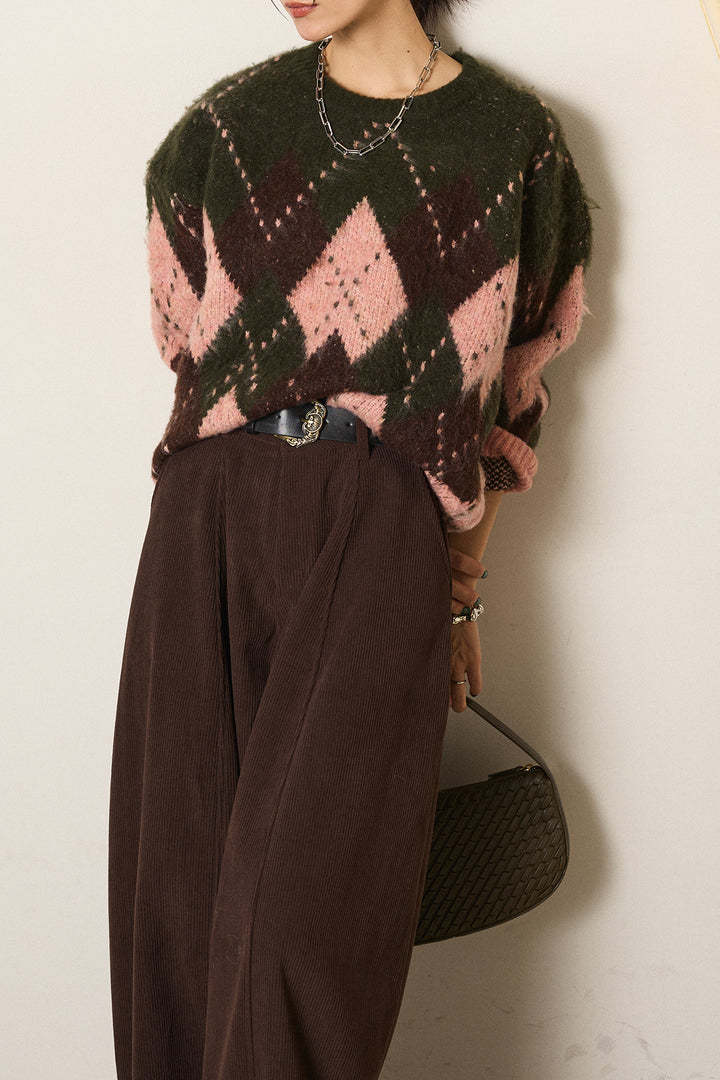 [SET]配色アーガイル柄ニットトップス+ベルト付きコーデュロイワイドパンツ(2set)