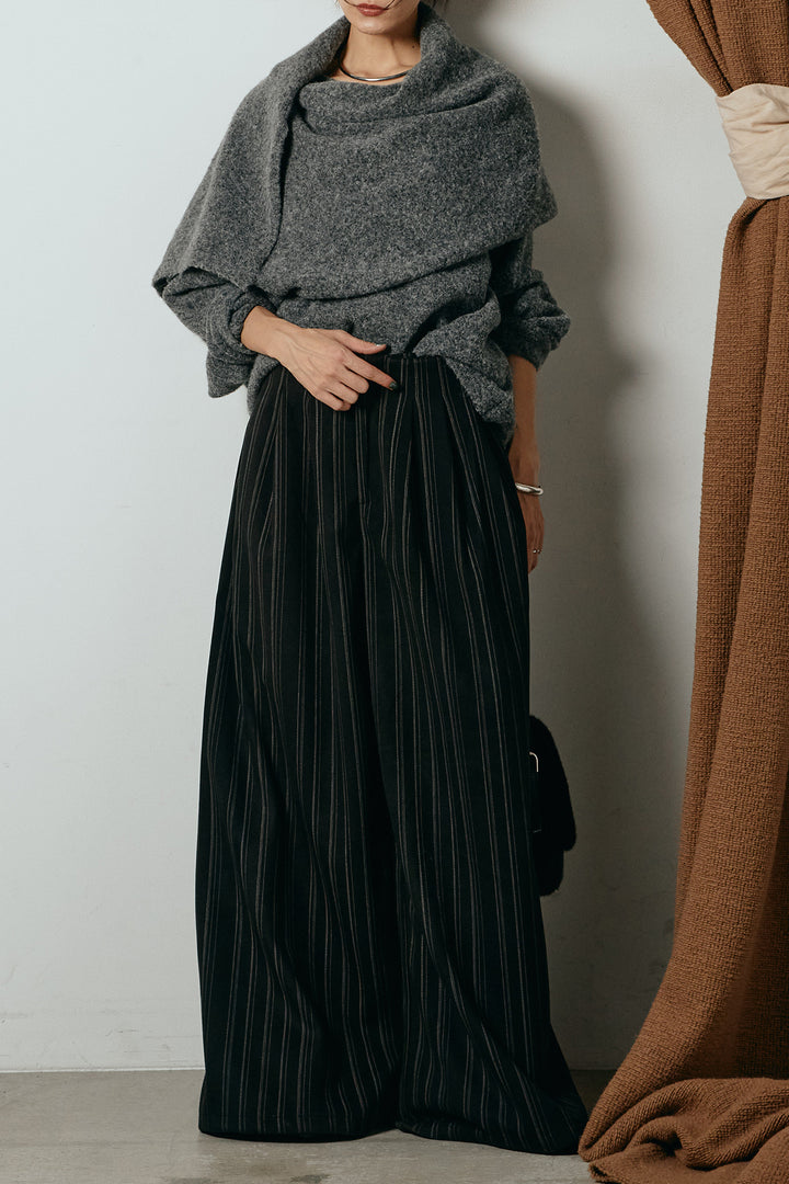 [SET]ネック巻きデザインニットトップス+タック入りマルチストライプ柄ワイドパンツ(2set)