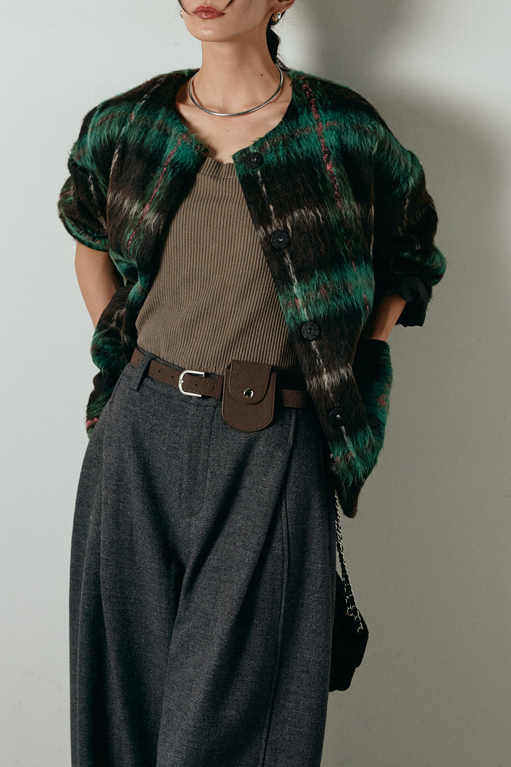 [SET]ノーカラーシャギーチェックアウター+ポーチベルト付きカーブパンツ(2set)