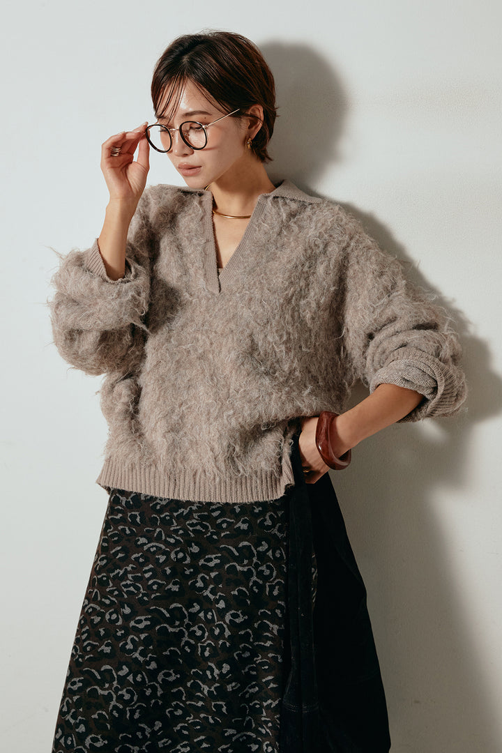 [SET]襟付きシャギーニットポロトップス+レオパードロングスカート(2set)