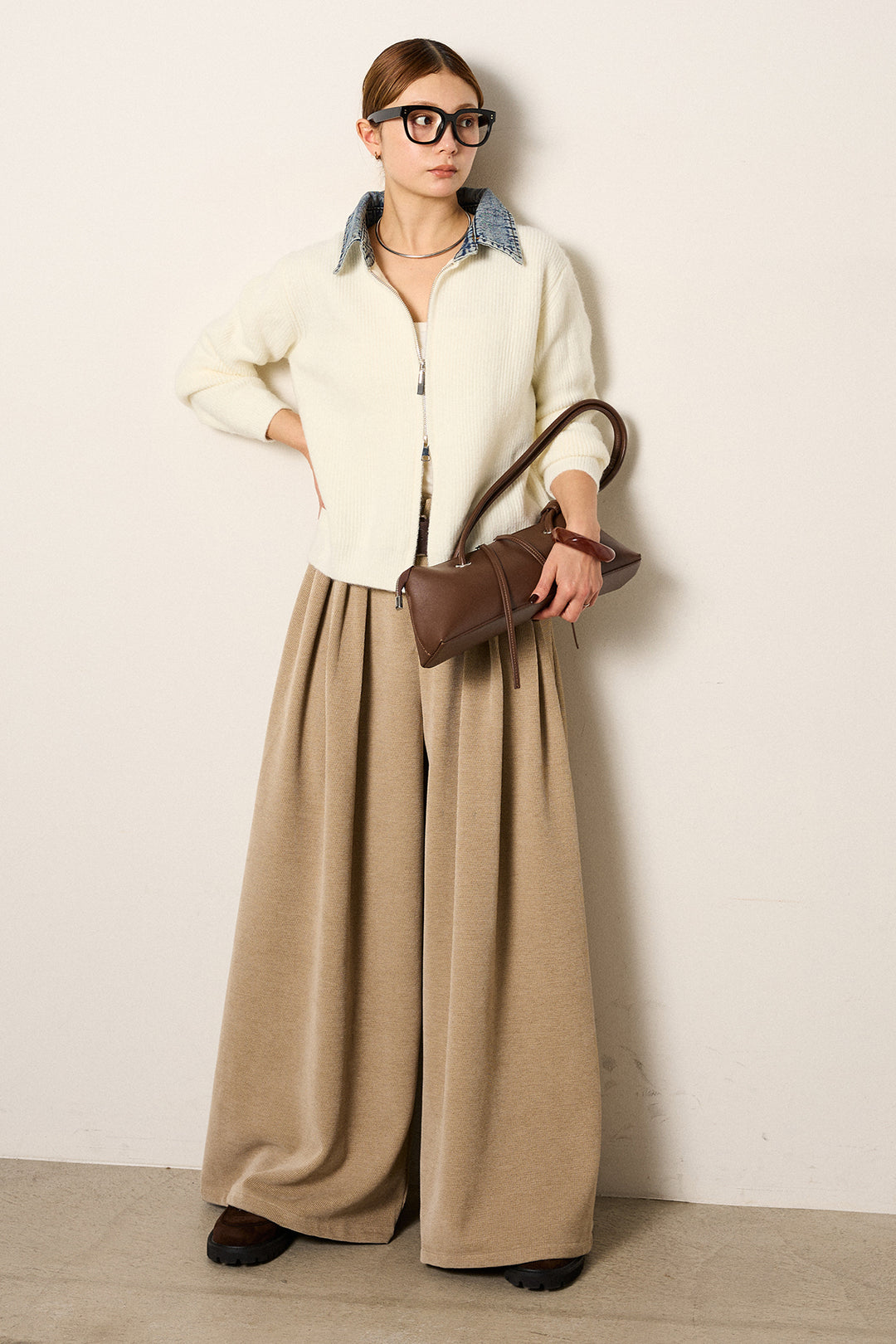 [SET]デニム襟ダブルジップニットトップス+ベルトループコーデュロイワイドパンツ(2set)