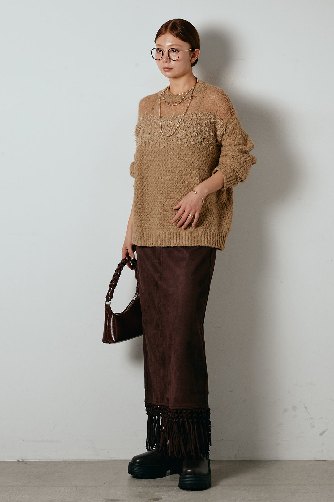 [SET]パターンランダム編みニットトップス+スウェードライク裾フリンジスカート(2set)