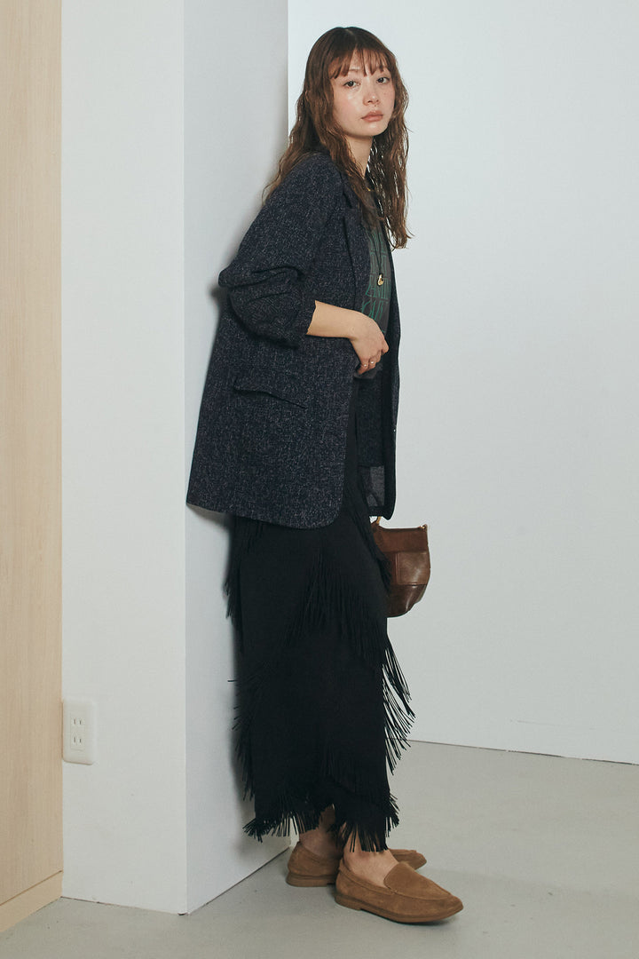 [SET]ミックスツイードベルト付きジャケット+斜めフリンジデザインスカート(2set)