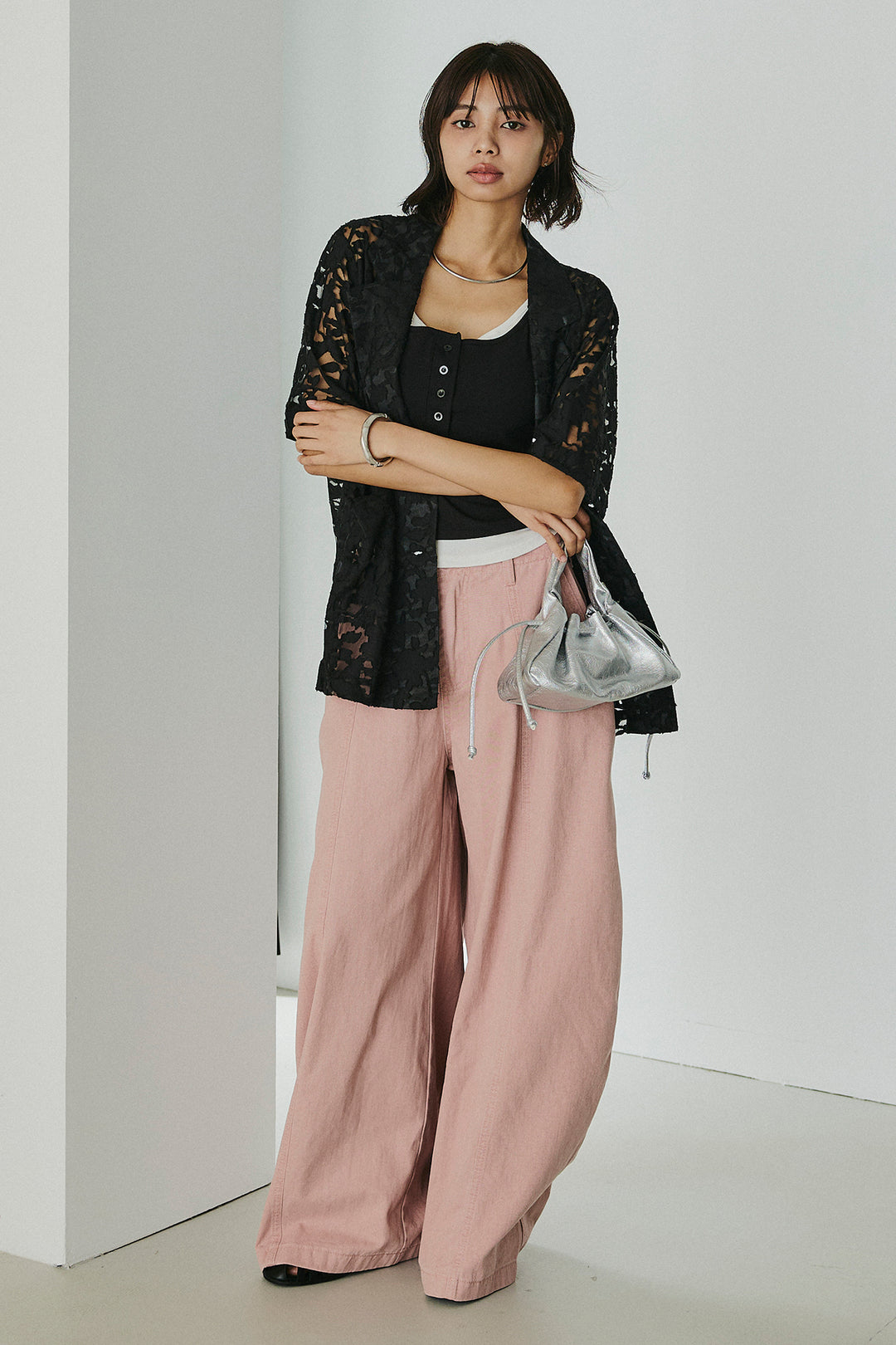 [SET]シアージャガードハーフスリーブテーラードジャケット+配色ヘンリーネックタンクトップ(2set)