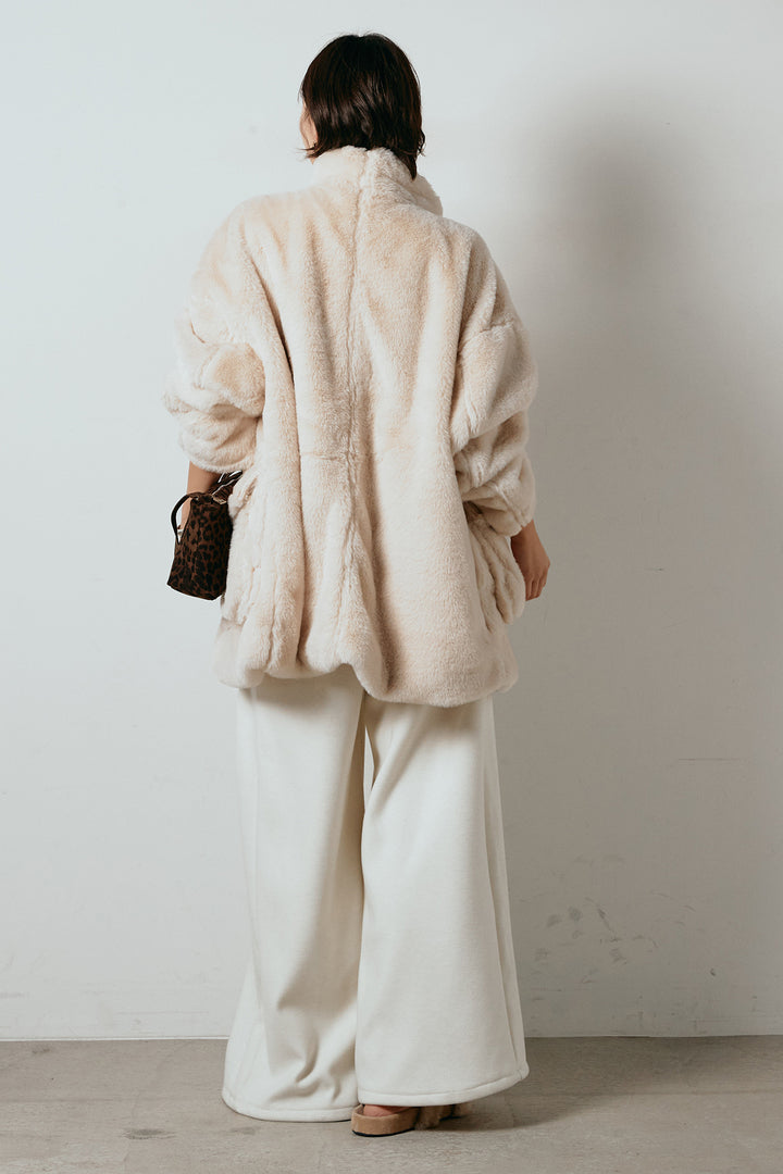 [SET]スタンドネックファーコート+フェイクレザー太ベルト付きタックワイドパンツ(2set)