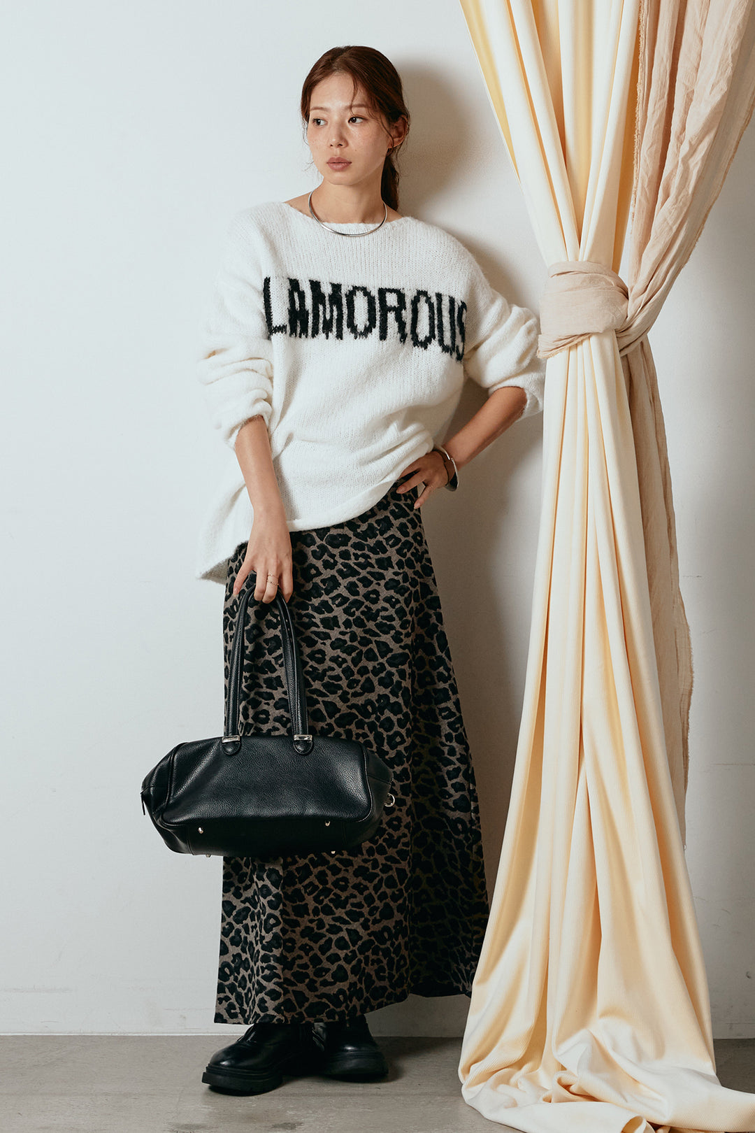 [SET]フロントロゴデザインニットトップス+レオパードロングスカート(2set)