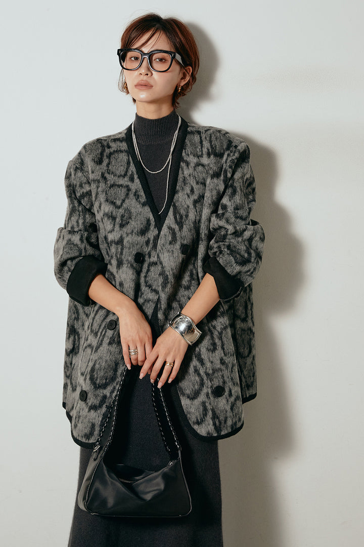 [SET]ノーカラーレオパード柄アウター+ノースリーブニットロングワンピース(2set)