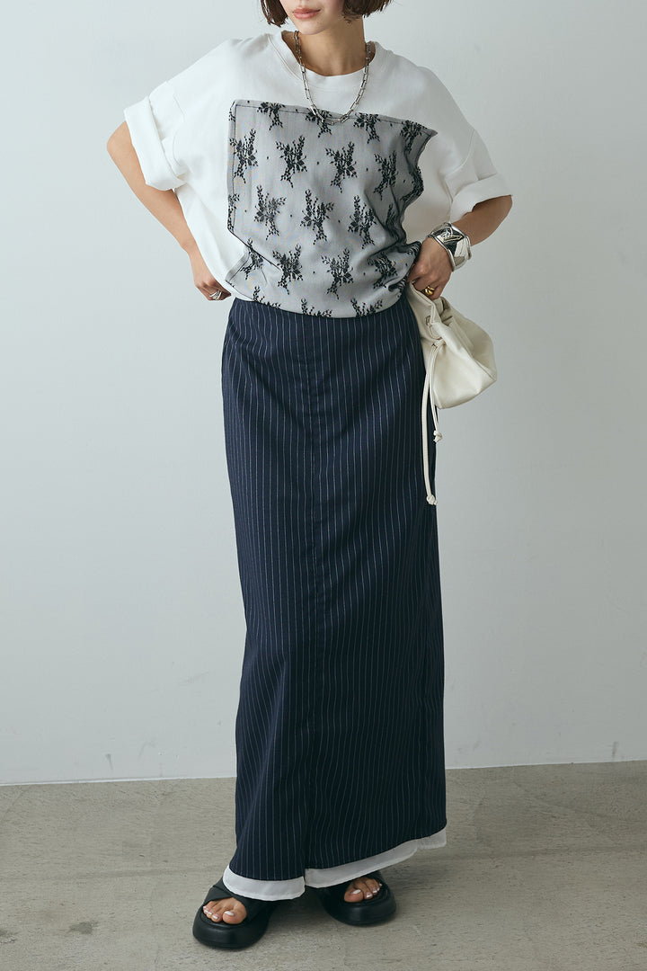 [SET]スクエアレース刺繍Tシャツ+ストライプストレートスカート(2set)