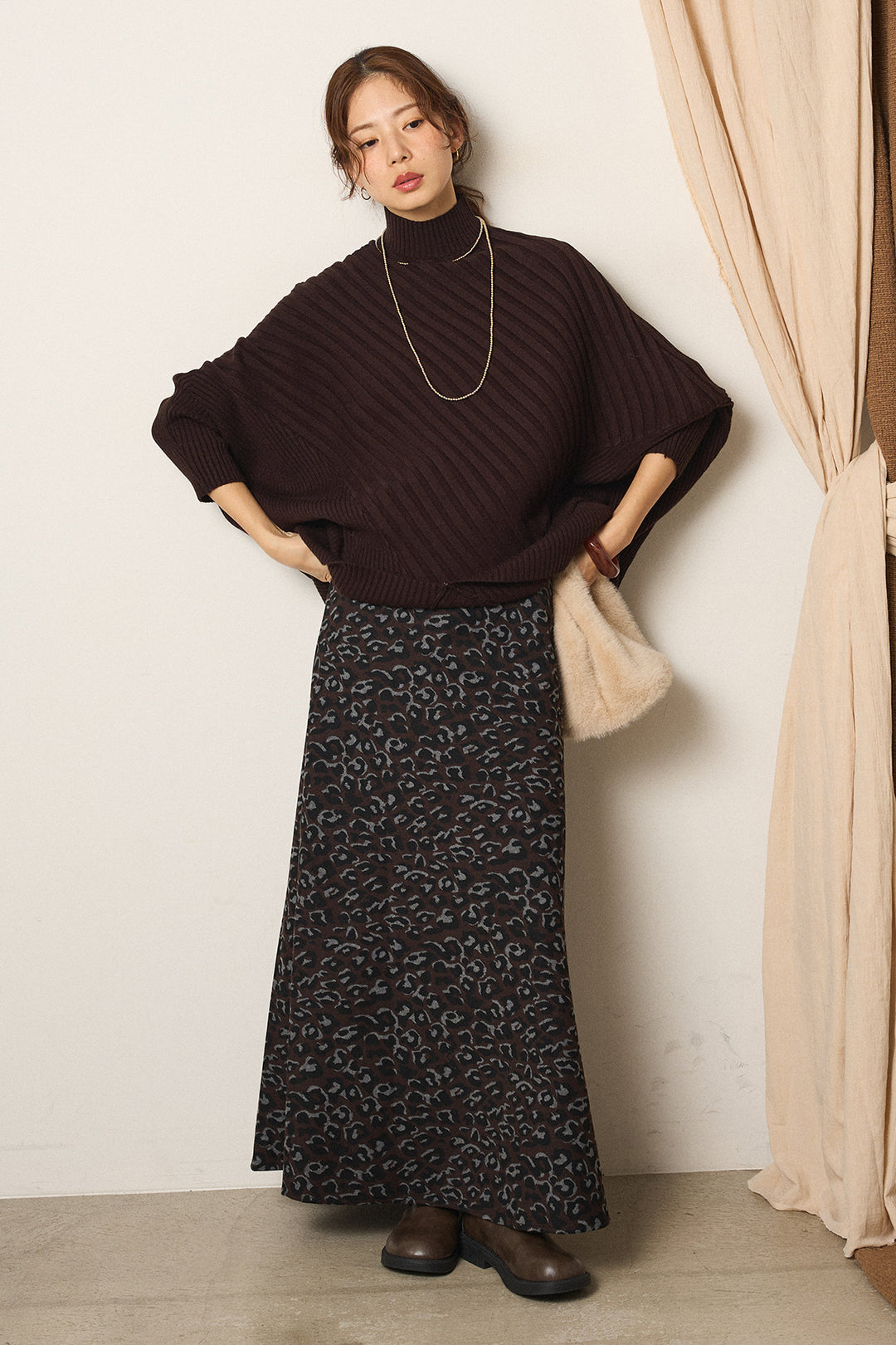 [SET]アシメデザインリブポンチョニットトップス+レオパードロングスカート(2set)
