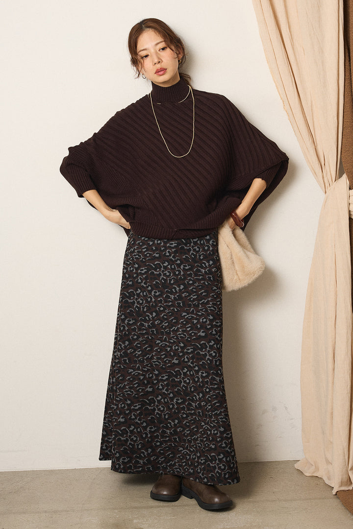 [SET]アシメデザインリブポンチョニットトップス+レオパードロングスカート(2set)