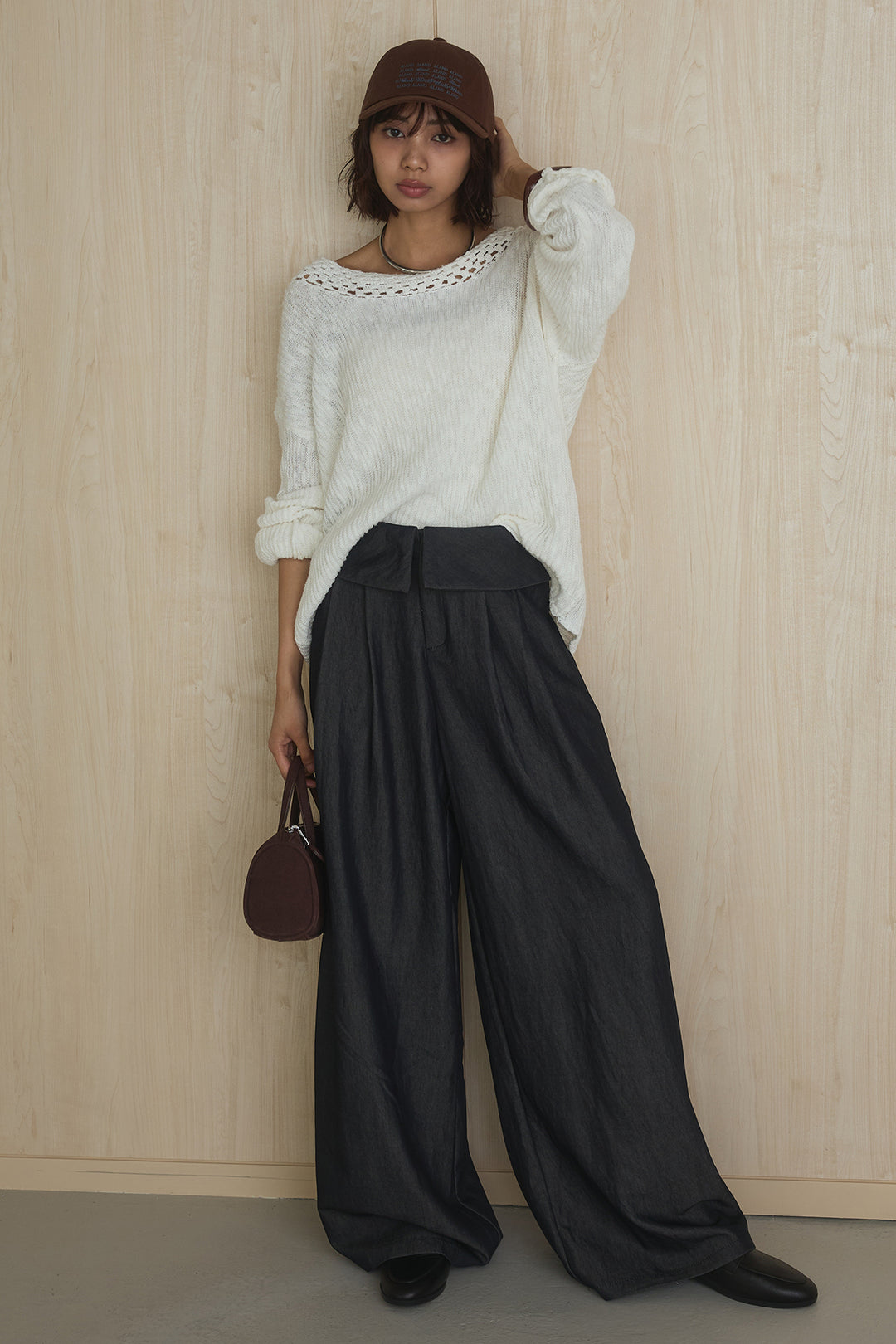 [SET]ネック編みデザインニットトップス+ウエスト折り返しワイドパンツ(2set)
