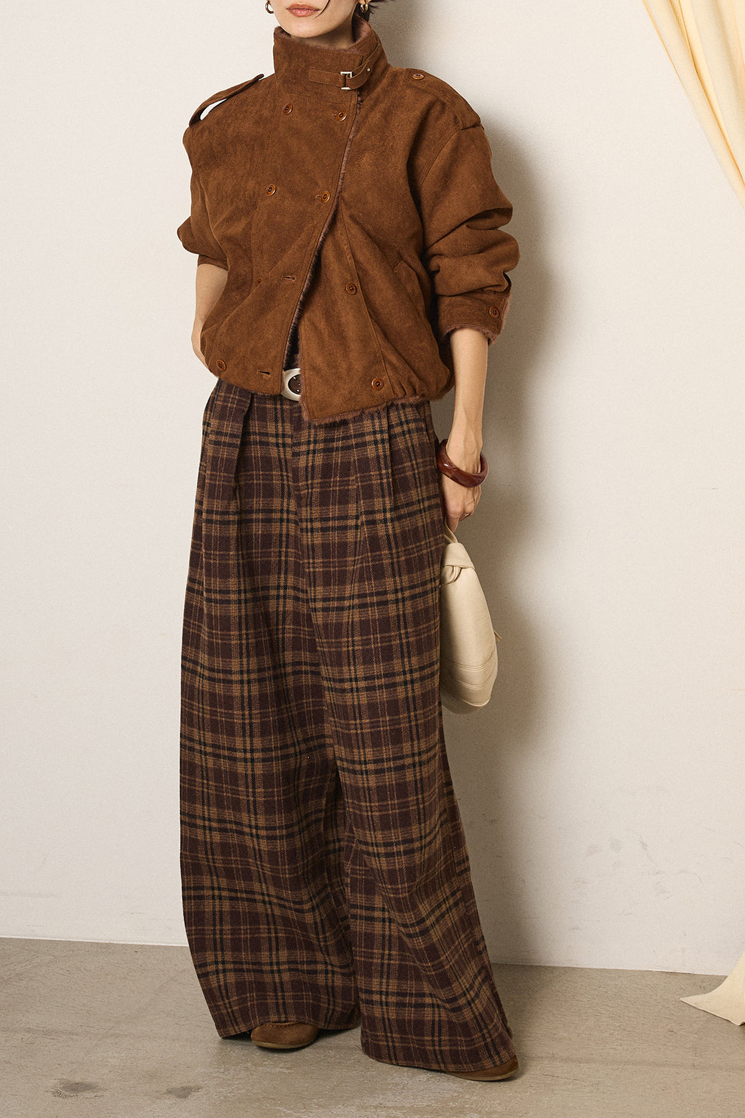 [SET]スタンド襟スウェードライクアウター+スタッズデザインベルトタータンチェックパンツ(2set)