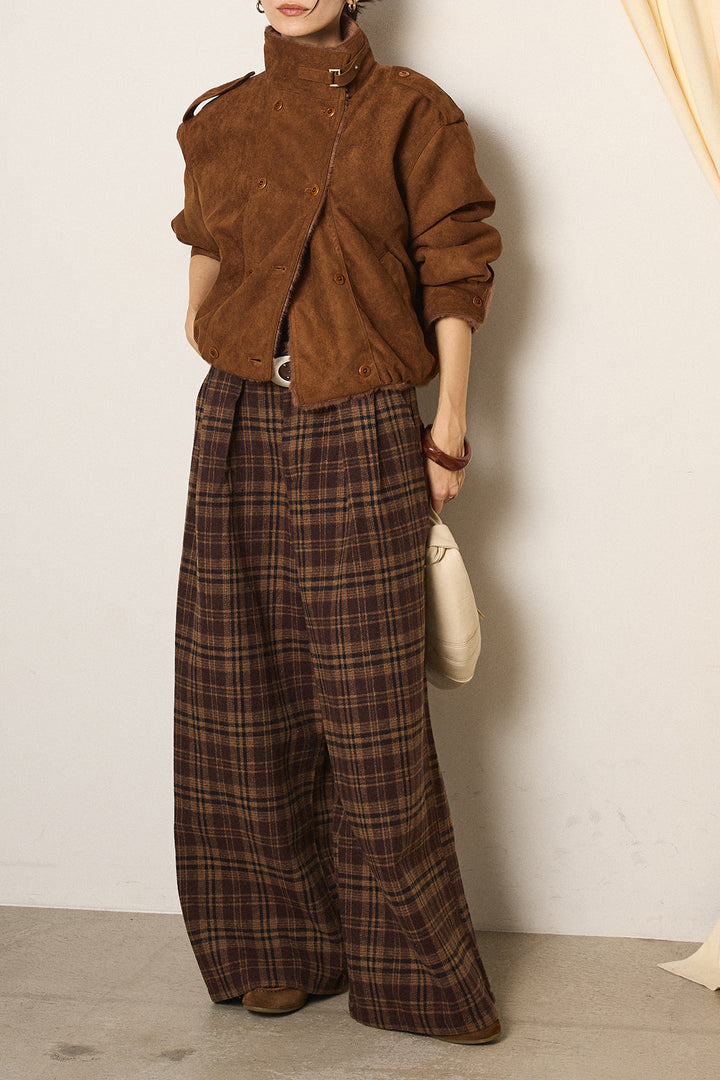 [SET]スタンド襟スウェードライクアウター+スタッズデザインベルトタータンチェックパンツ(2set)