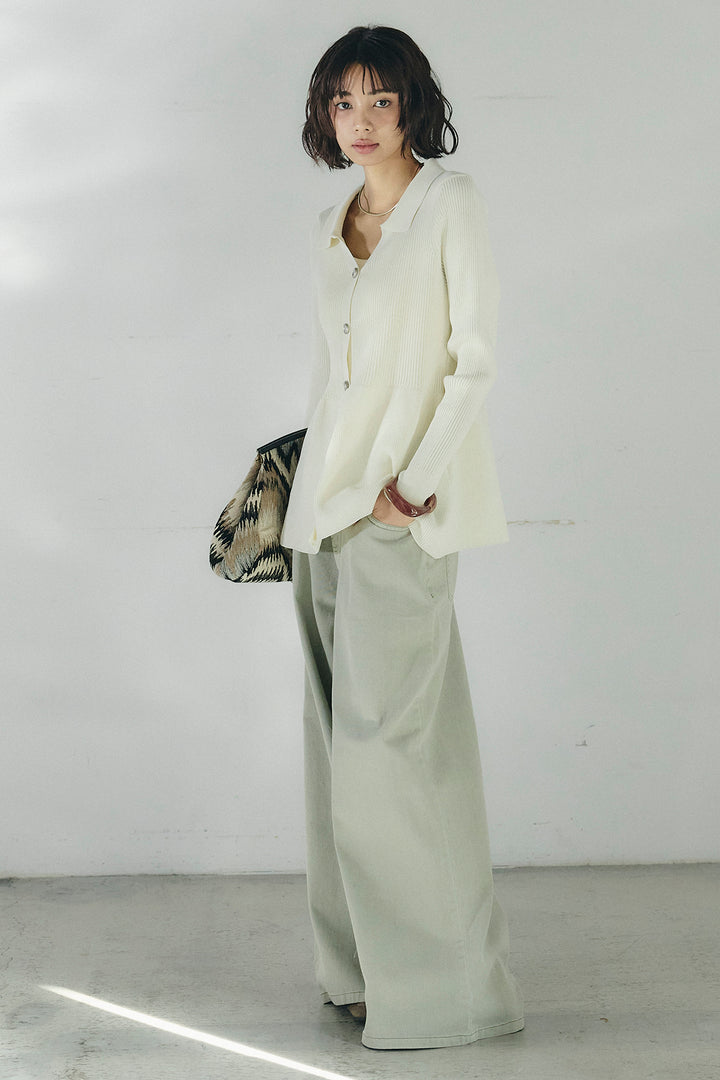 [SET]スキッパーペプラムニット+ウエスト裁ち切りデニムワイドパンツ(2set)