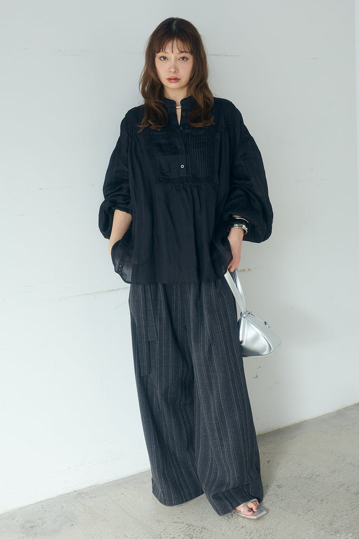 [SET]レース刺繍ラインバンドカラーシャツ+リネンライクピンストライプサイドデザインパンツ(2set)