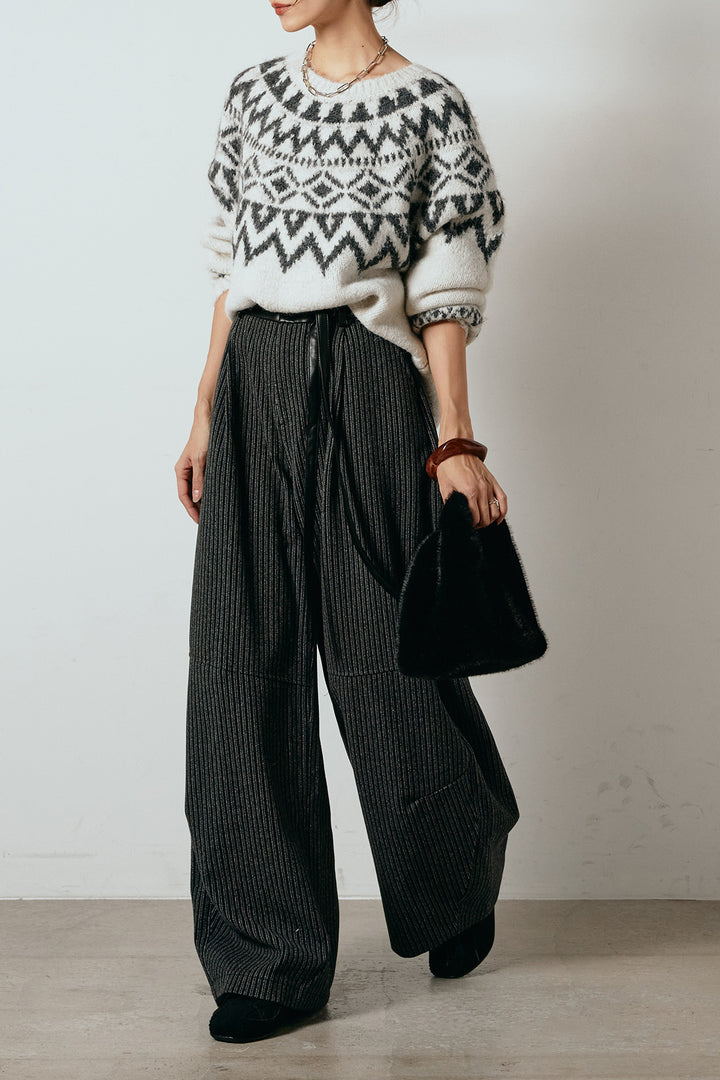 [SET]ノルディック柄Uネックプルオーバー+レザーライク配色ストライプパンツ(2set)