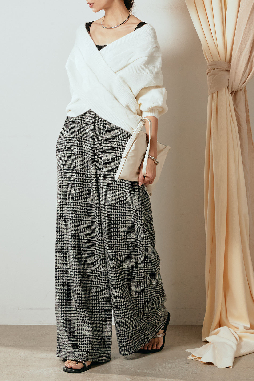 [SET]ケーブルカシュクールニットトップス+前後2wayグレンチェック柄スカーチョサロペット(2set)