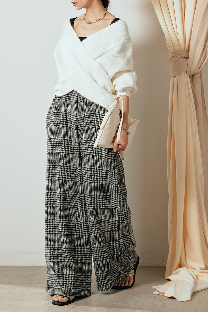 [SET]ケーブルカシュクールニットトップス+前後2wayグレンチェック柄スカーチョサロペット(2set)