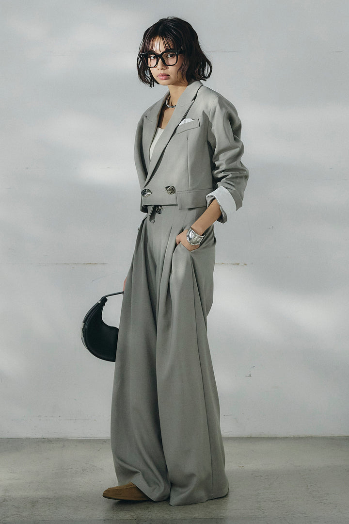 [SET]メタルプレートショート丈ジャケット+メタルプレートタックワイドパンツ(2set)