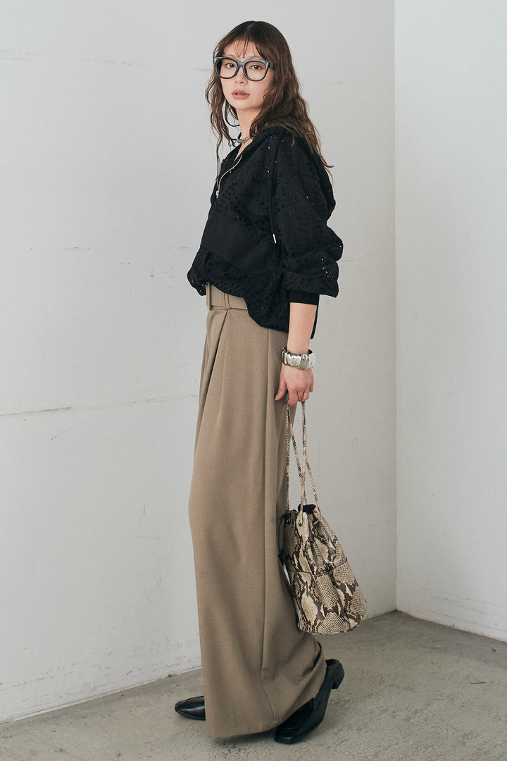 [SET]レースハーフジップアップフーディー+ベルト付きツータックワイドパンツ(2set)