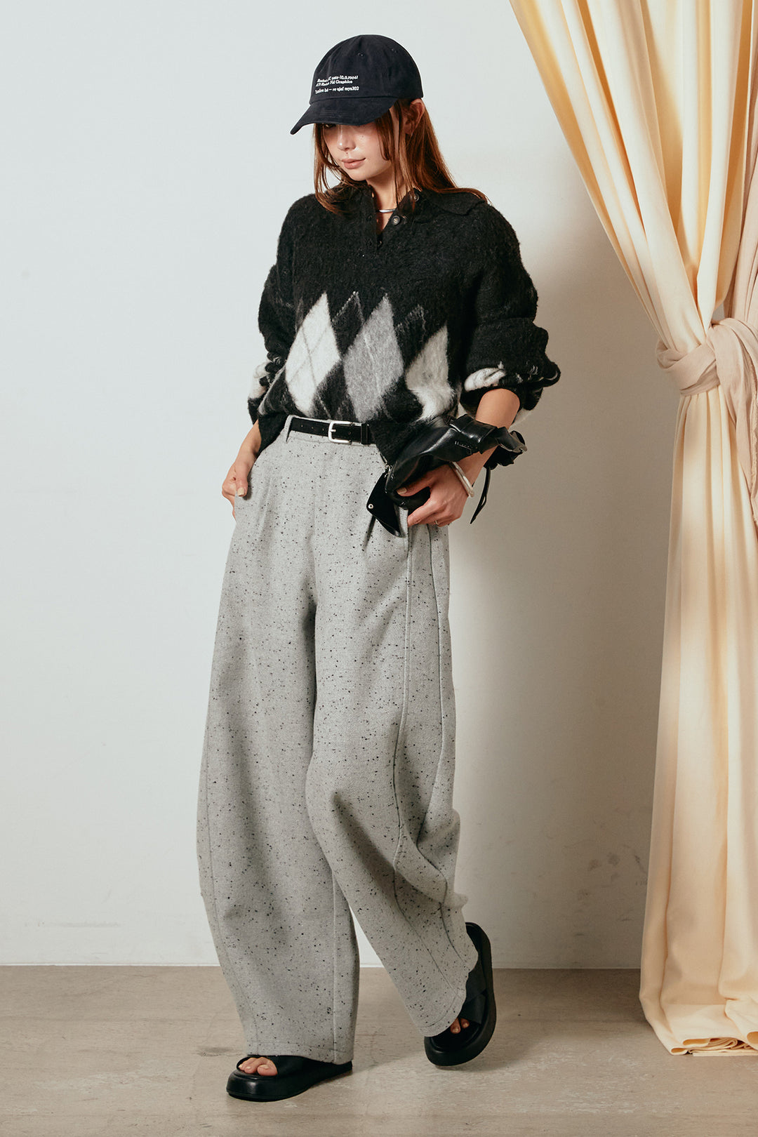 [SET]アーガイル柄ポロニットトップス+ベルト付きネップツイードカーブパンツ(2set)