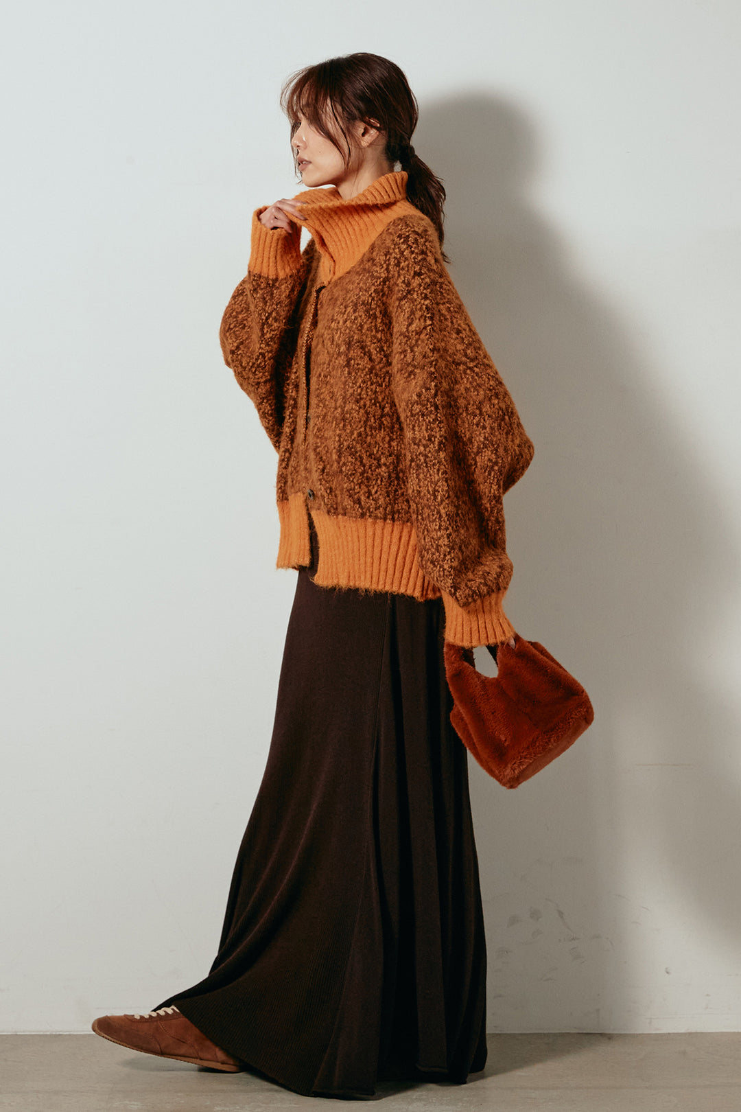 [SET]ハイネックミックスニットトップス+サイド切り替えリブニットロングスカート(2set)