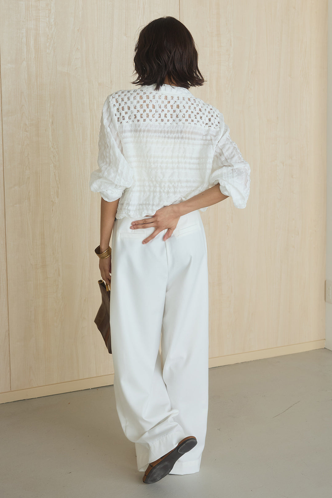 [SET]異素材切替シアーメッシュカーディガン+ベルトループワイドパンツ(2set)