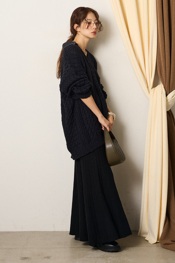 [SET]デニムカラーケーブルオーバーニット+編み地切り替えフレアニットスカート(2set)