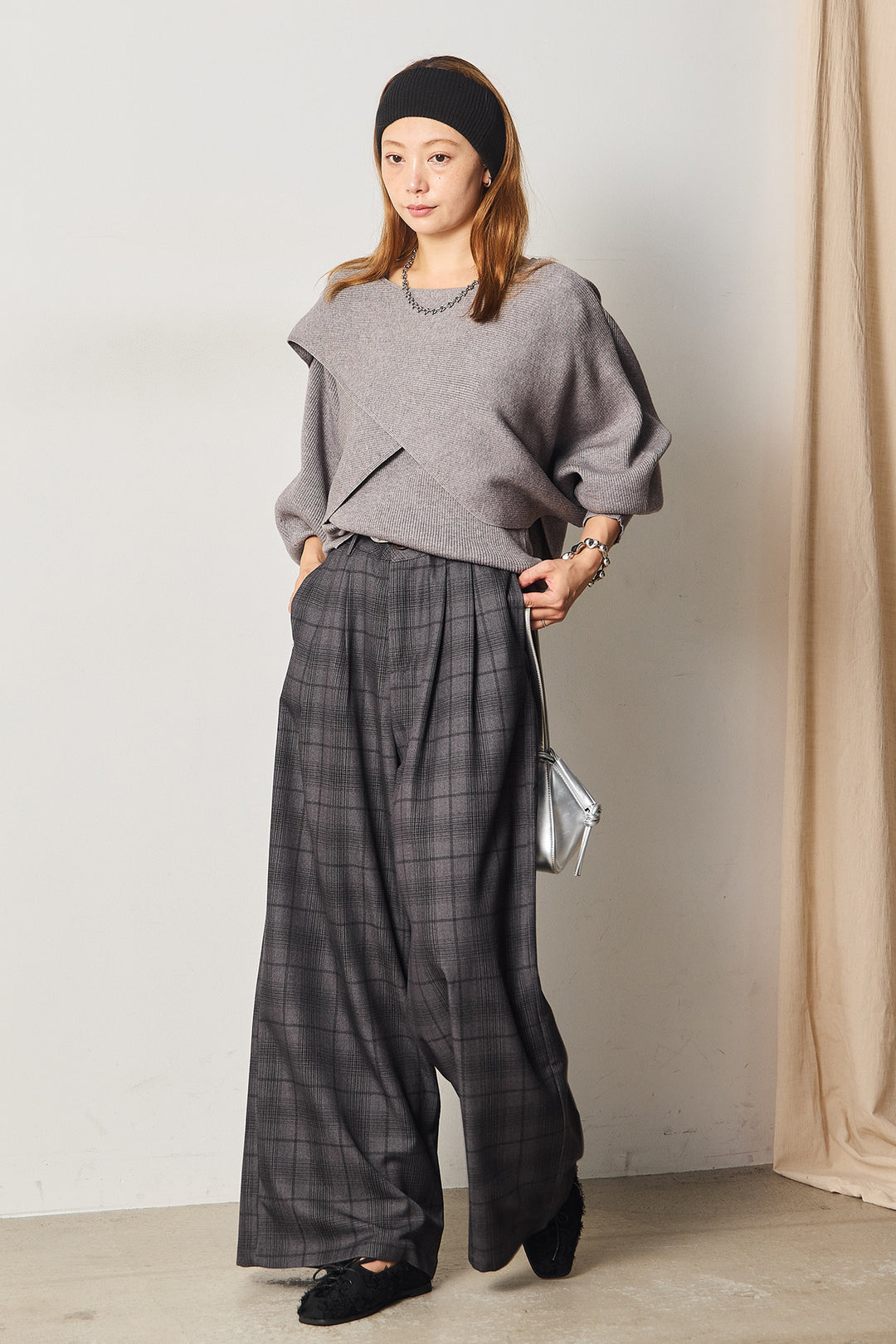 [SET]タンク付きクロスデザインニットプルオーバー+タック入りタータンチェックワイドパンツ(2set)