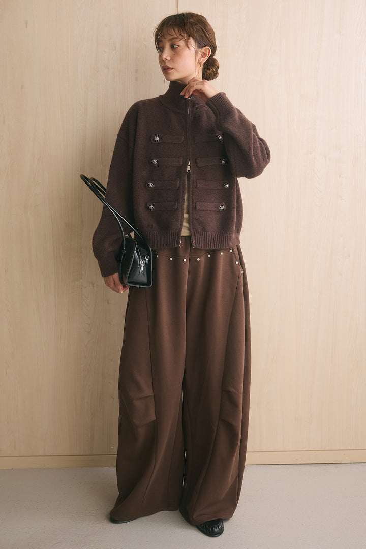 [SET]ナポレオンボタンハイネックニットブルゾン+スタッズ付きニーサイドタックスウェットパンツ(2set)