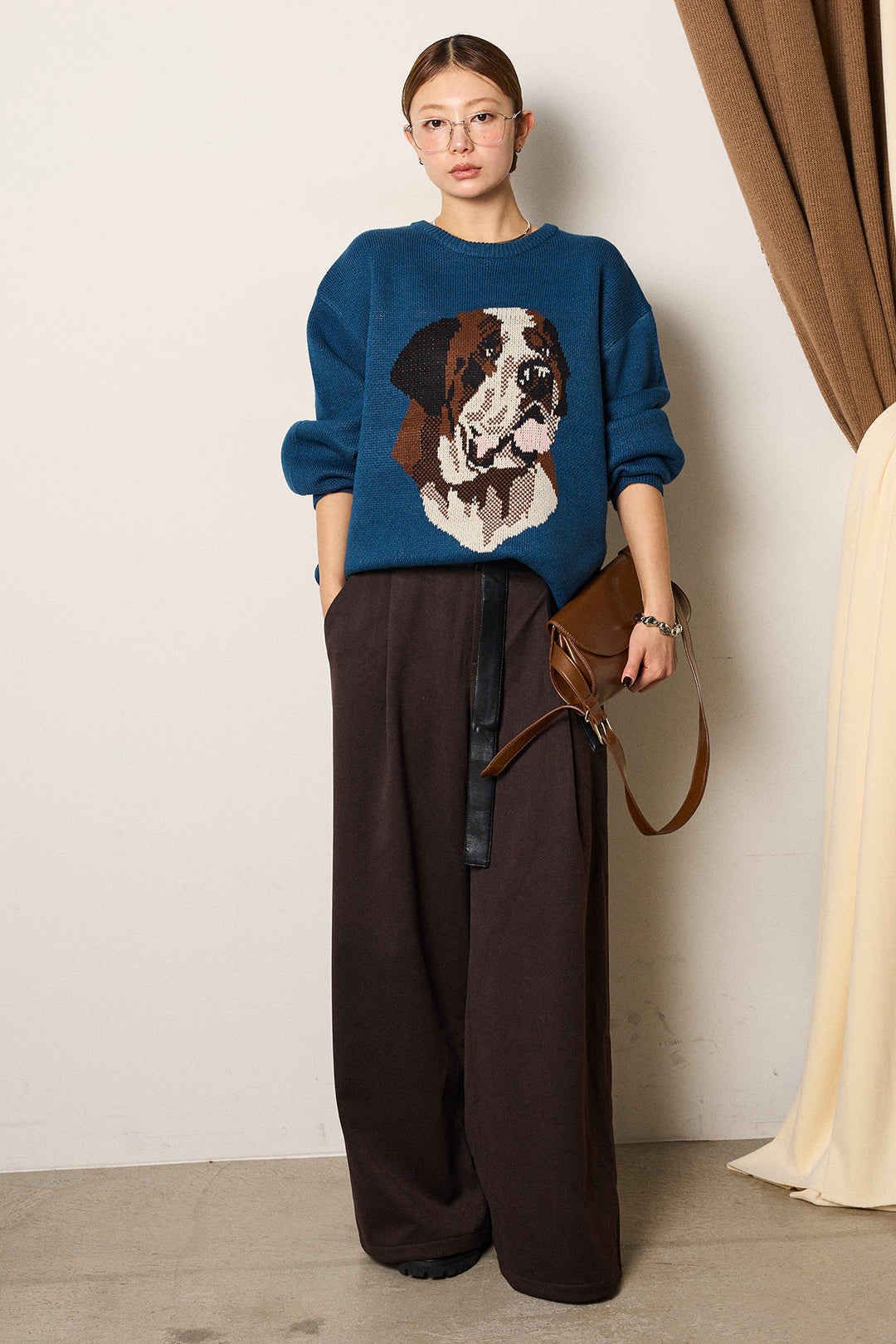 [SET]アニマルジャガード柄ニットトップス+巻ベルトウエストレザーライクワイドパンツ(2set)