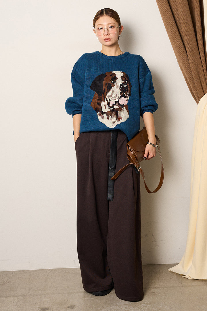 [SET]アニマルジャガード柄ニットトップス+巻ベルトウエストレザーライクワイドパンツ(2set)