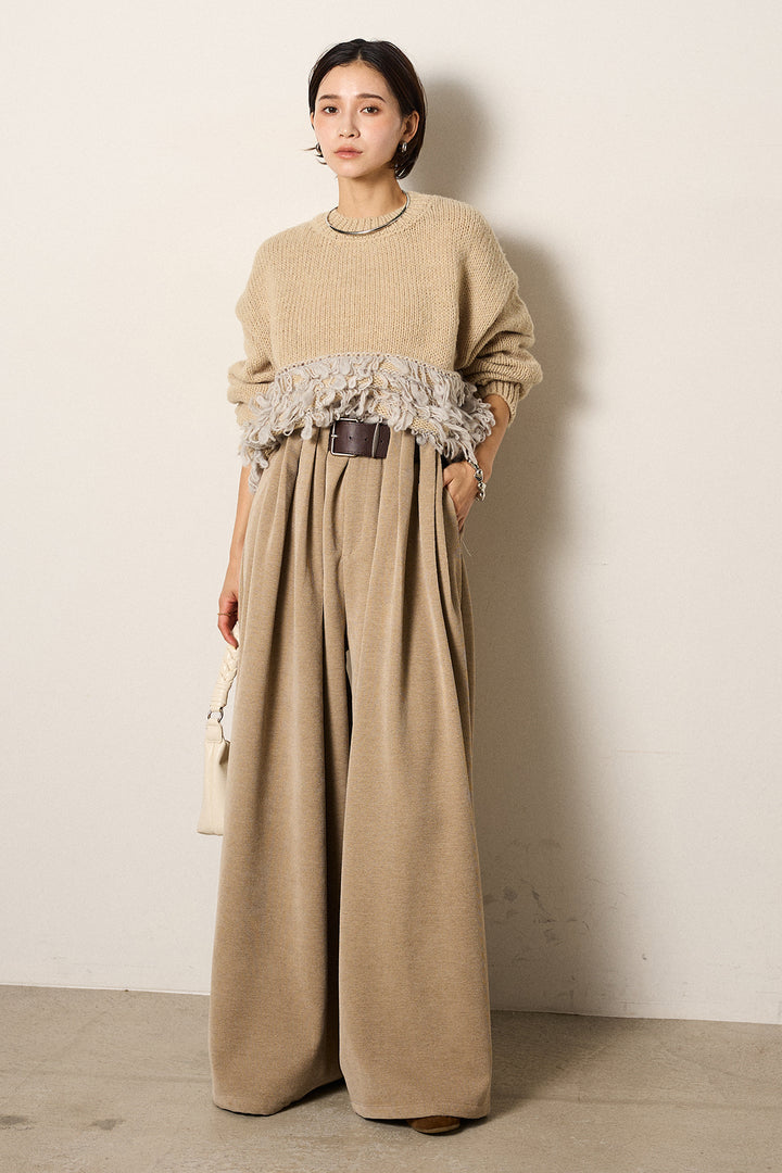 [SET]ループ編み切り替えニットプルオーバー+ベルトループコーデュロイワイドパンツ(2set)