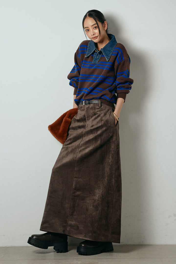 [SET]デニムレイヤード風ランダムボーダーニットプルオーバー+エコスウェードワイドスカート(2set)