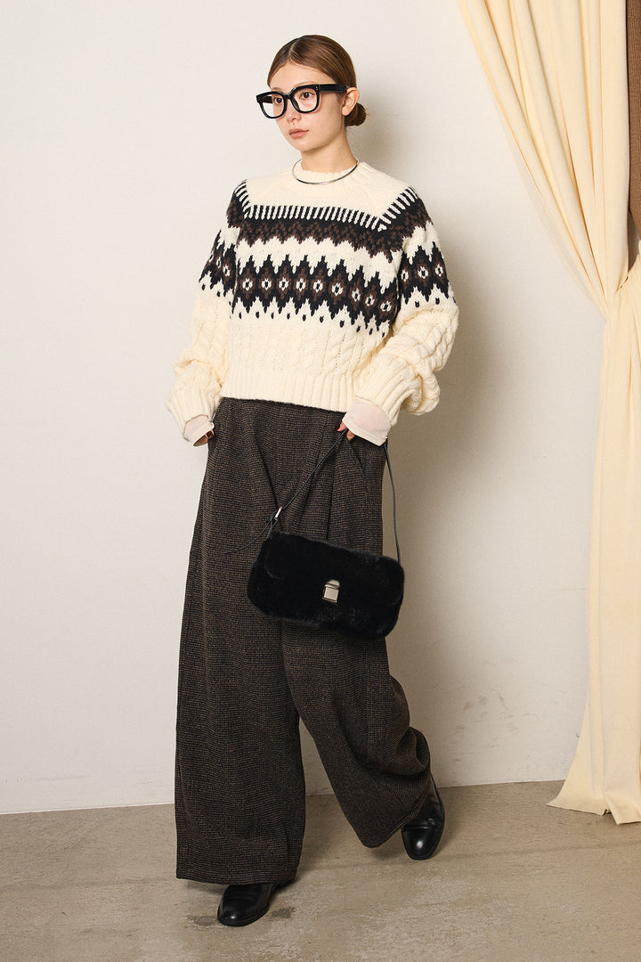 [SET]2WAY求心柄ジャガードショートカーディガン+起毛タック入りツイードワイドパンツ(2set)