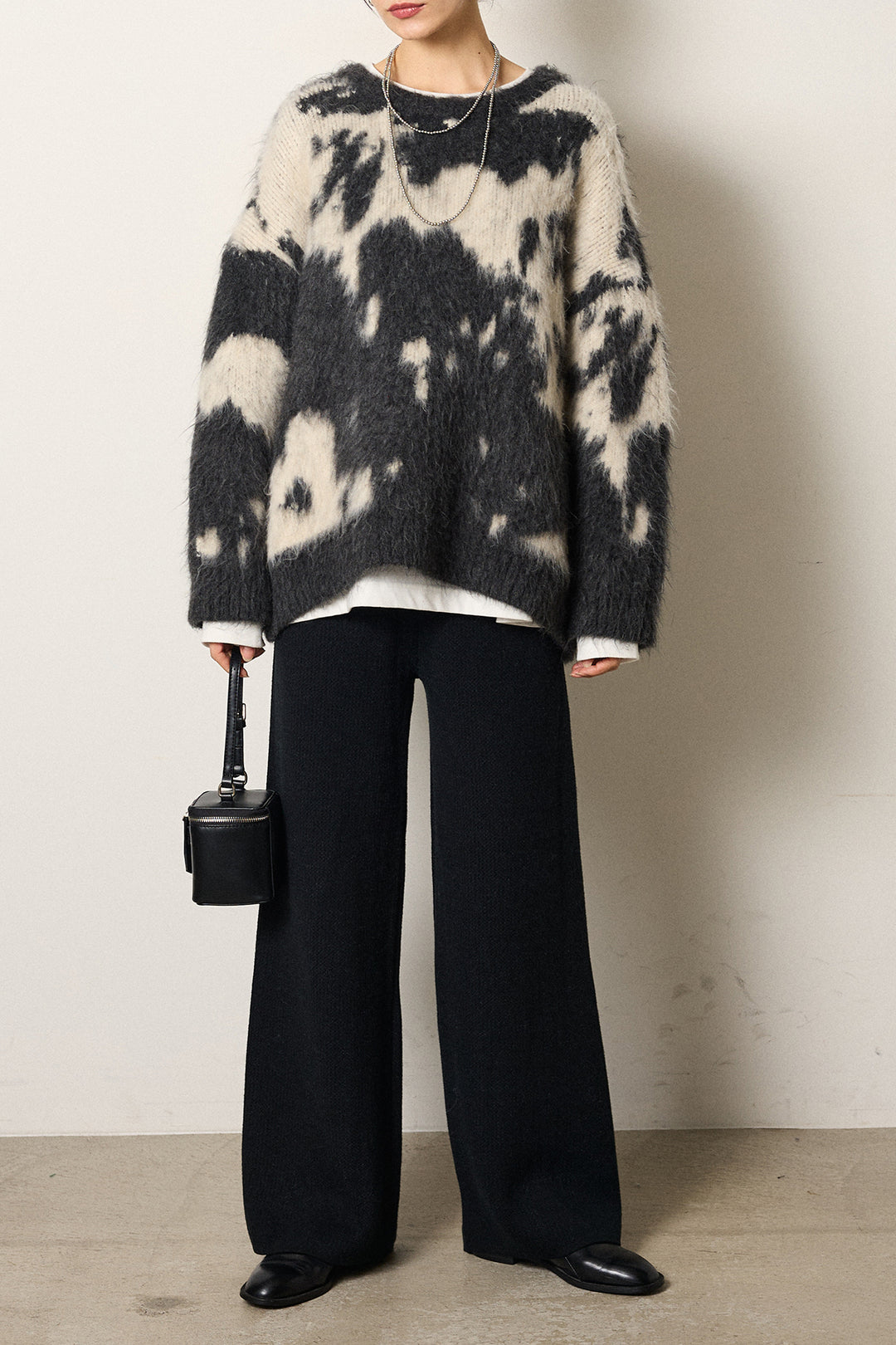 [SET]モヘアタッチマーブルニット+ワイドリブニットイージーパンツ(2set)