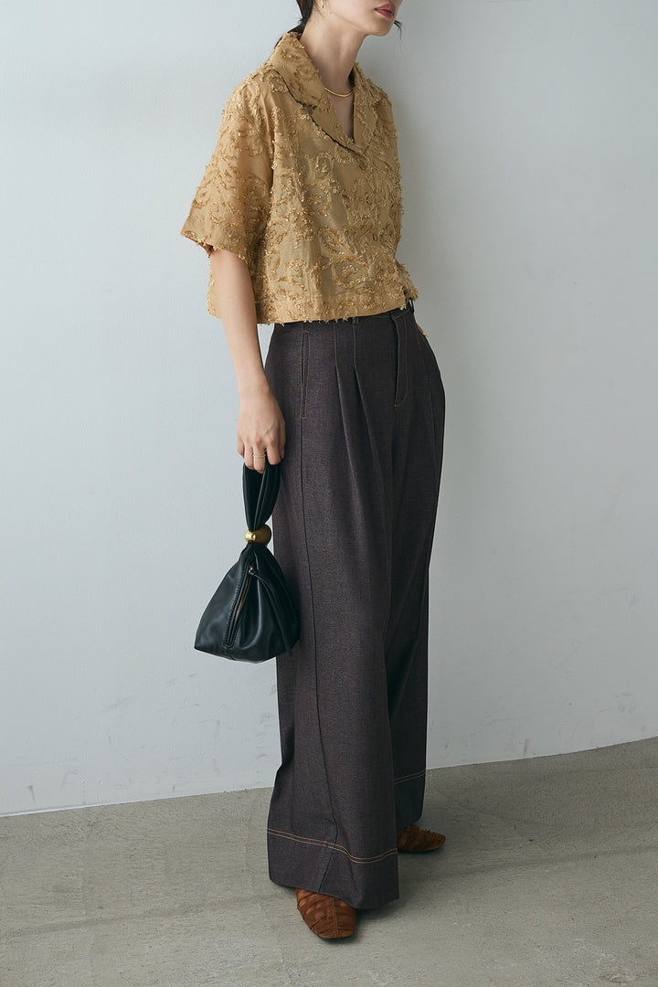 [SET]半袖オープンカラージャガード柄シャツ+ステッチデザインベルトワイドパンツ(2set)