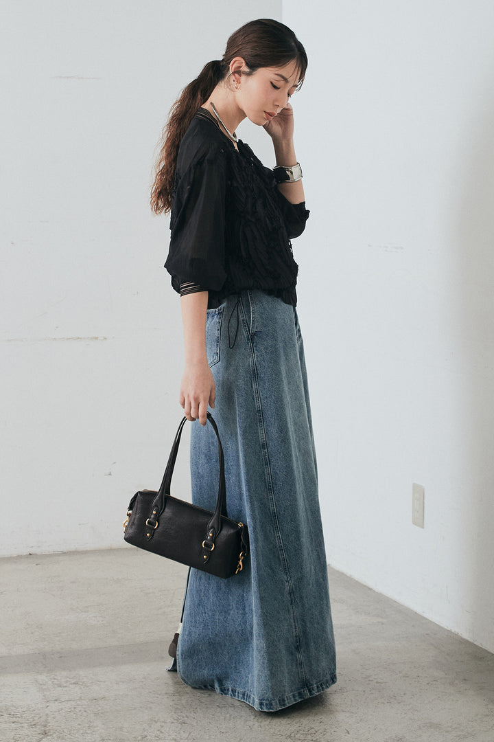 [SET]モチーフ付きシアーブルゾン+デニムロングフレアスカート(2set)