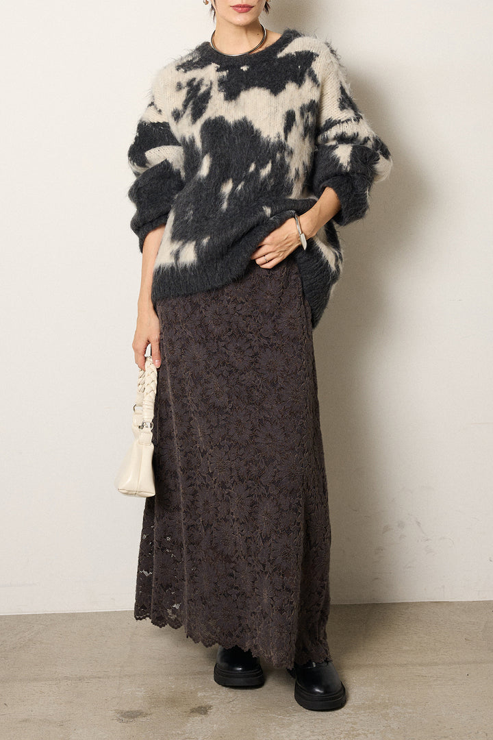 [SET]モヘアタッチマーブルニット+花柄刺繍ベロアフレアスカート(2set)