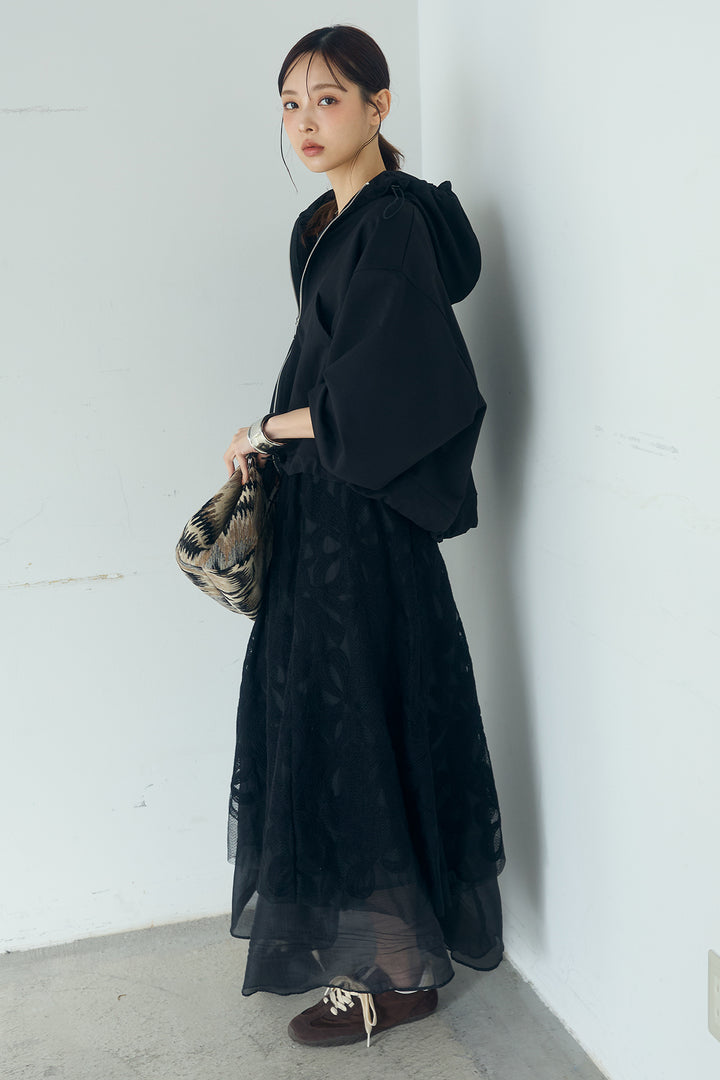 [SET]ネック裾絞りブルゾンアウター+ニュアンス柄刺繍スカート(2set)