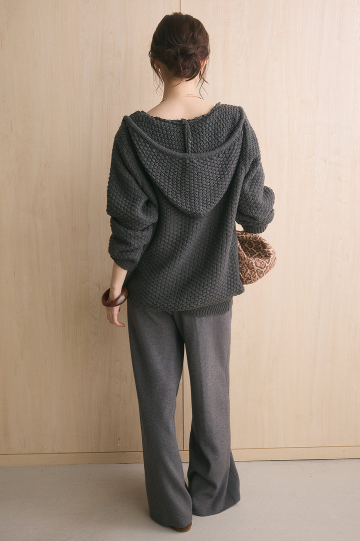 [SET]テクスチャー編みインナー付きフードニット+リラックスニットパンツ(2set)