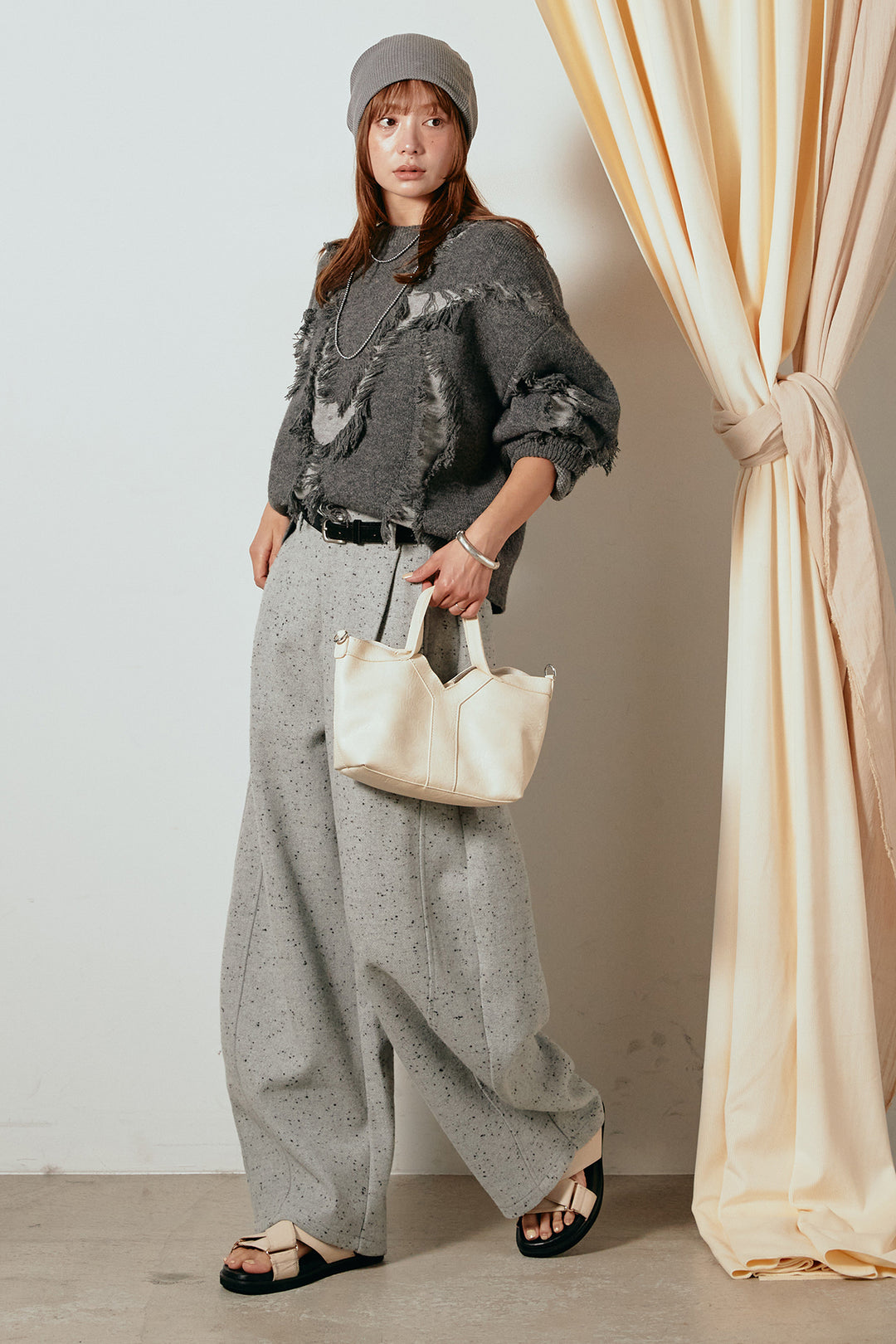 [SET]シャギージャガードニットトップス+ベルト付きネップツイードカーブパンツ(2set)