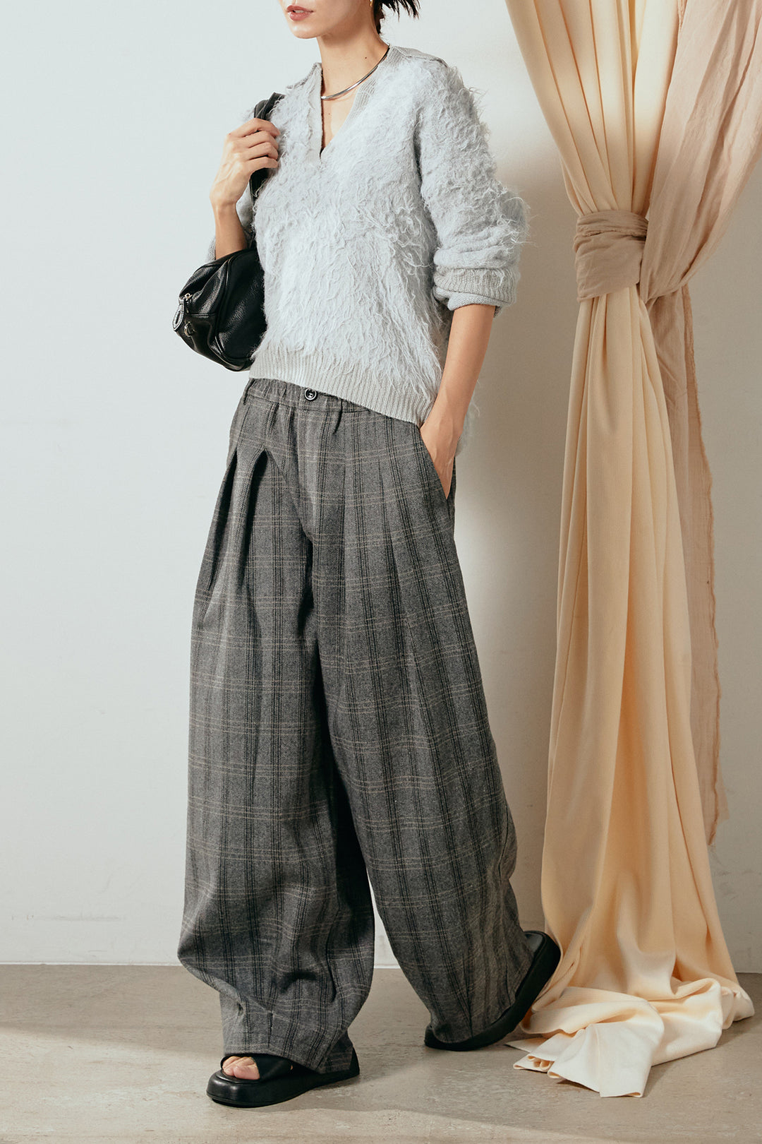 [SET]襟付きシャギーニットポロトップス+タータンチェック柄タックパンツ(2set)