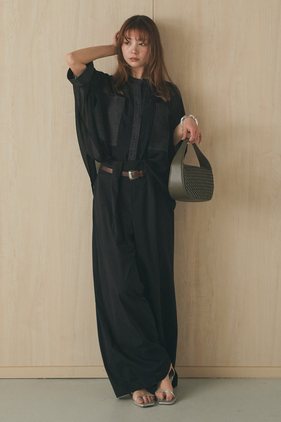 [SET]デニムライクビッグツーポケシアーシャツ+ベルトループデザインハイウエストタックパンツ(2set)