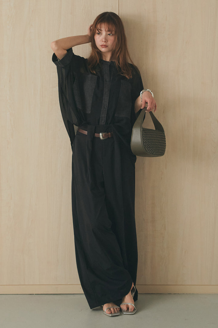 [SET]デニムライクビッグツーポケシアーシャツ+ベルトループデザインハイウエストタックパンツ(2set)