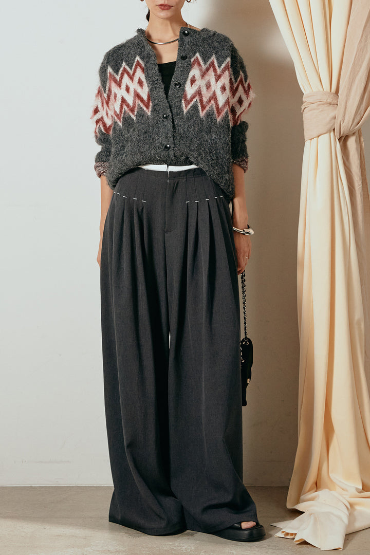[SET]起毛ノルディック柄ニットカーディガン+ウエストステッチデザインワイドスラックス(2set)