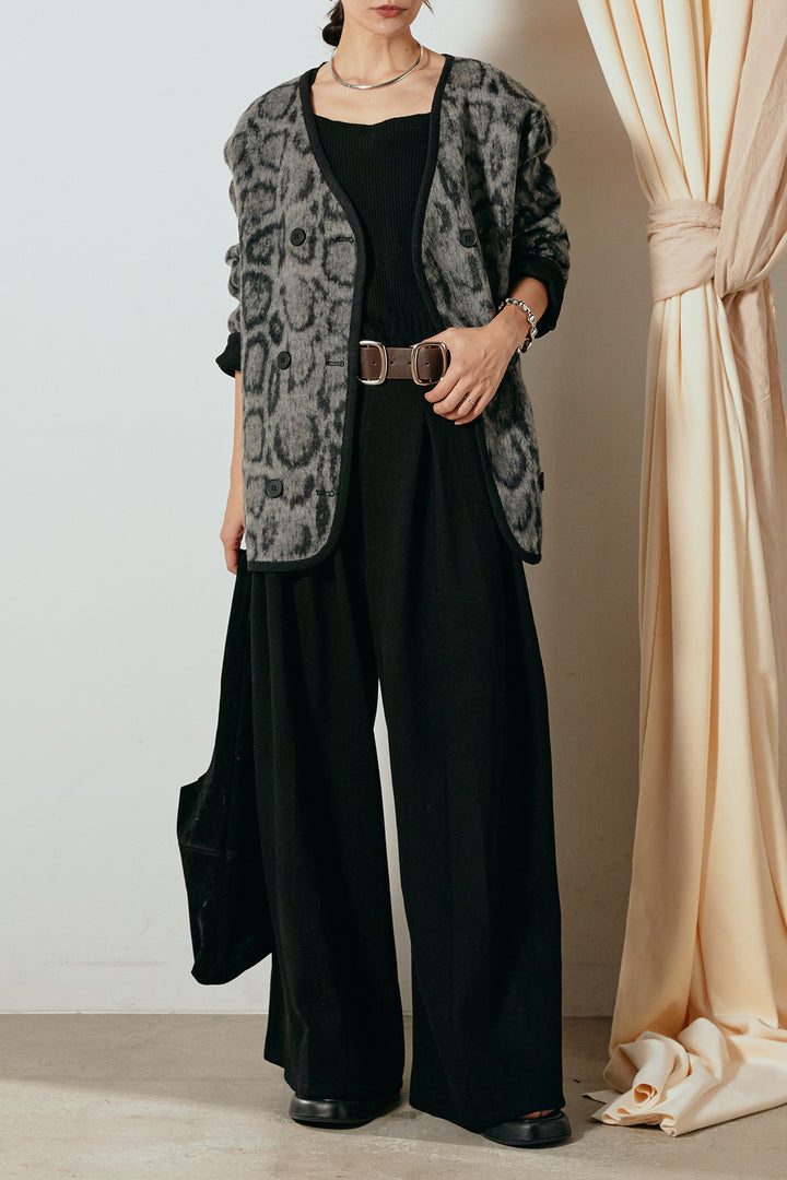 [SET]ノーカラーレオパード柄アウター+フェイクレザー太ベルト付きタックワイドパンツ(2set)
