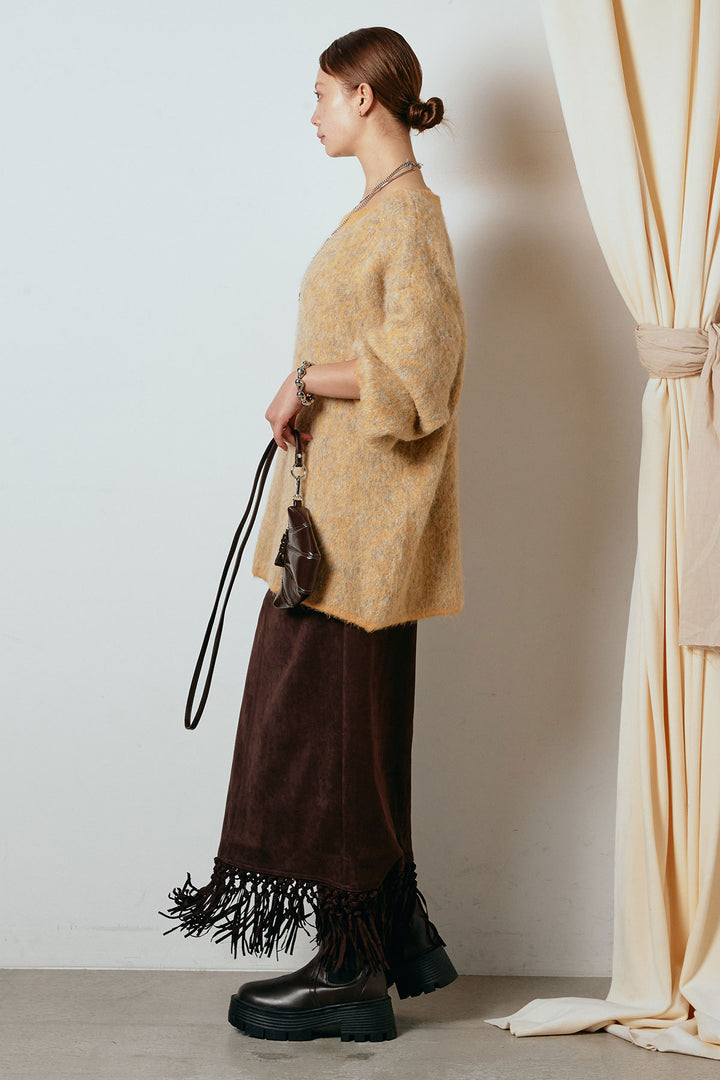 [SET]ボリュームスリーブミックスニットトップス+スウェードライク裾フリンジスカート(2set)