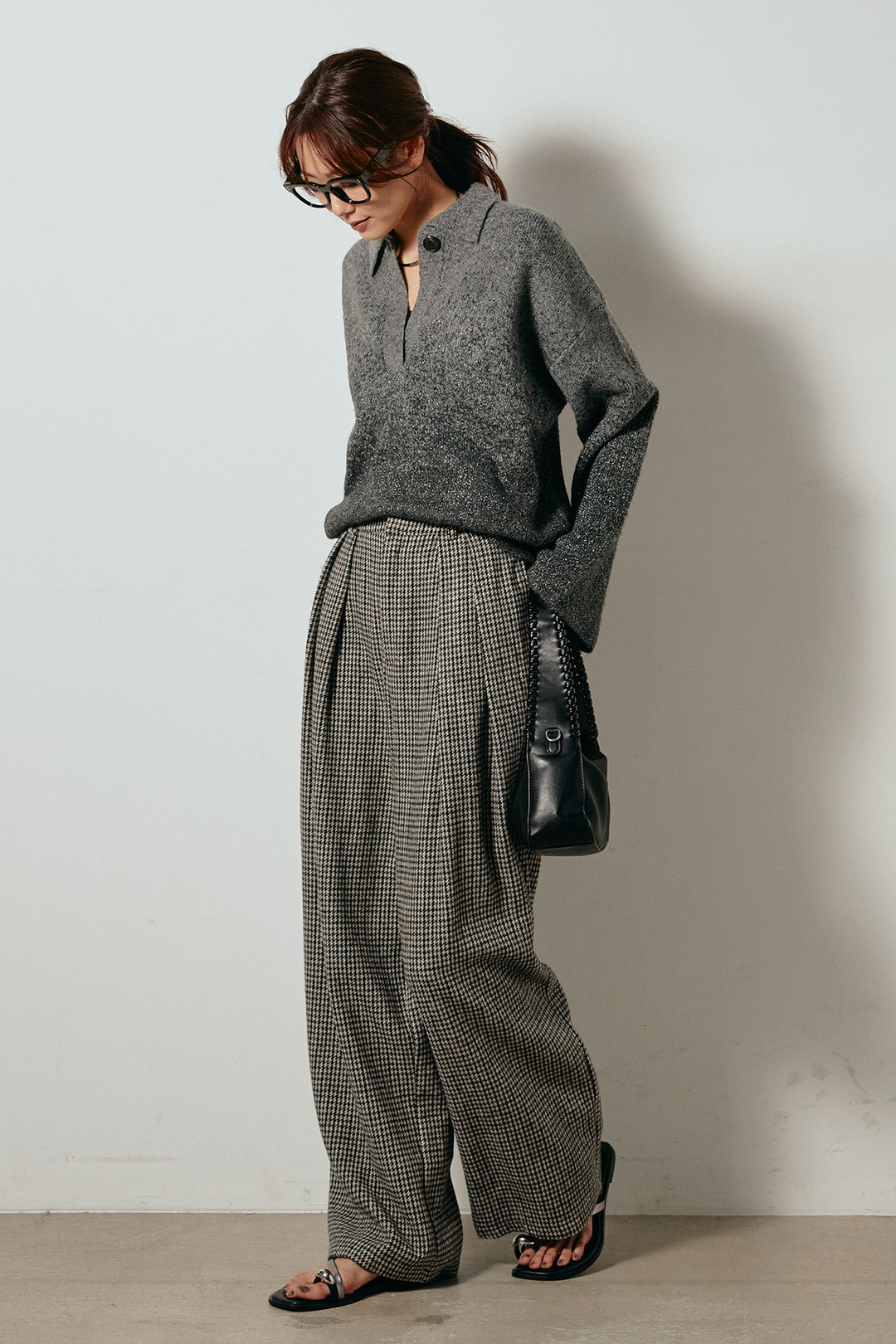 [SET]グラデーションラメニットキーネックプルオーバー+ガンクラブチェックタックパンツ(2set)