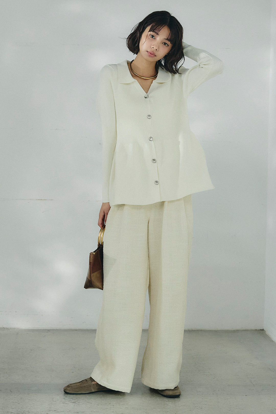 [SET]スキッパーペプラムニット+デニムライクヘリンボーンタックパンツ(2set)